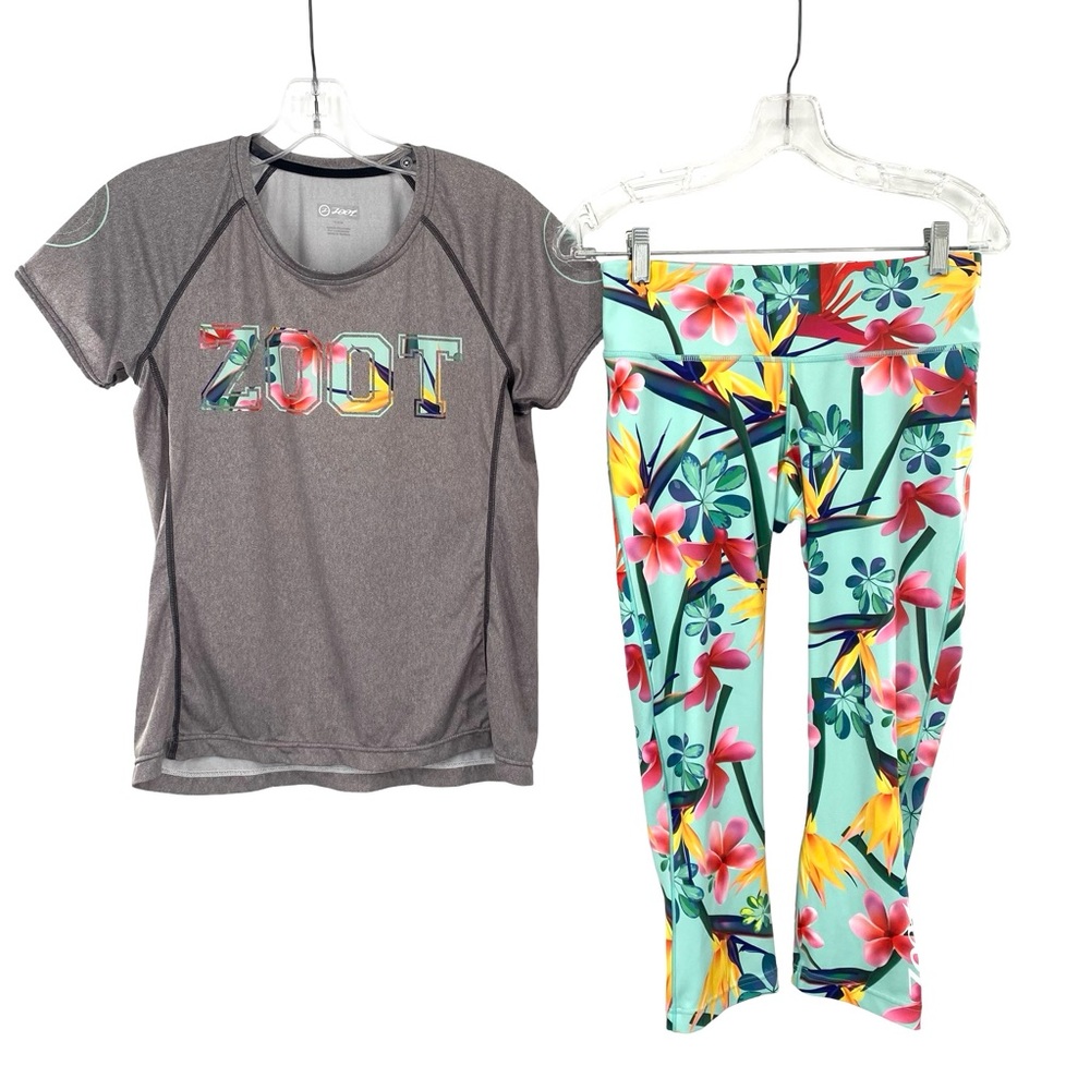Zoot Women’s Tropical Floral Running Athletic T-Shirt and Capri Leggings Set
